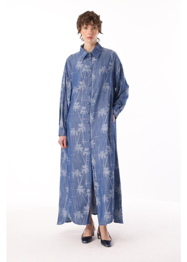 ÇiÇEK JAKARLI VİSCONE TENCEL KEMERLİ GÖMLEK ELBİSE