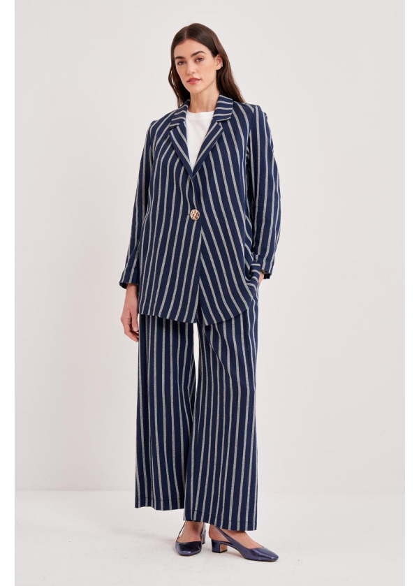 ÇİZGİLİ COTTON LİNEN PİLELİ PANTALON LACİVERT