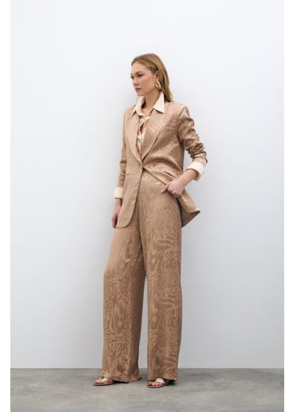 Desenli Saten Pantolon - Vizon