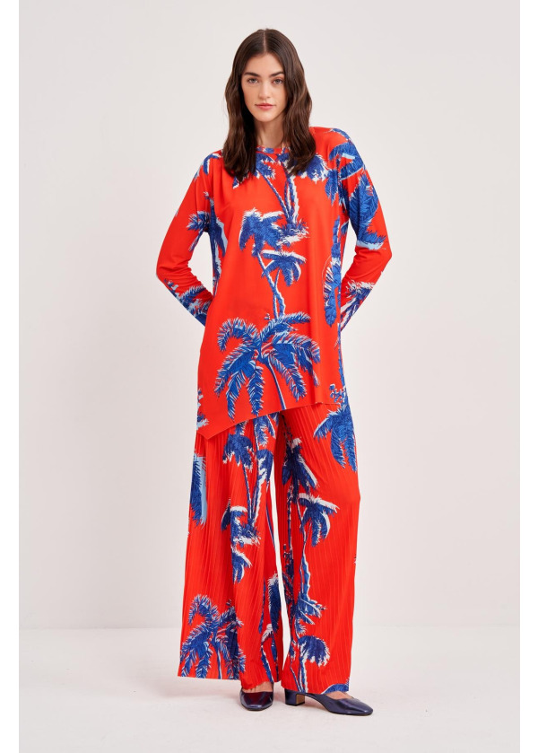 Jarse Gölgeli Palmiye Desenli İnce Pilise Pantolon Etek