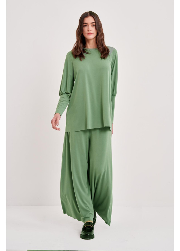 KREP JARSE GENİŞ PAÇA PANTOLON ETEK/ÇAĞLA YEŞİLİ