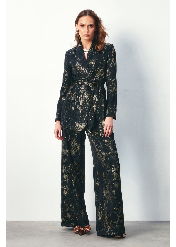 Parlak Desenli Salaş Pantolon - Siyah/Gold