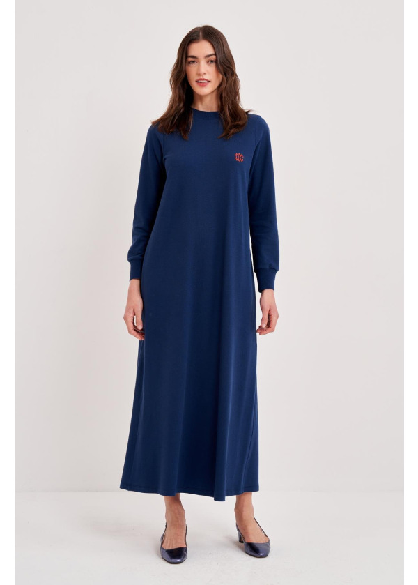 PİKE SIFIR YAKA NOİ NAKIŞLI UZUN A FORM ELBİSE  LACİVERT