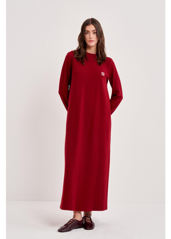 PİKE SIFIR YAKA NOİ NAKIŞLI UZUN A FORM ELBİSE    BORDO