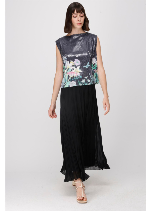 ŞİFON SİYAH  KROŞKİ PLİSE ETEK