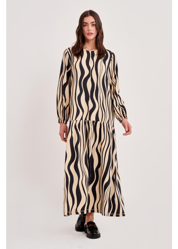 VİSCON LYRCA YAMUK ÇİZGİ DESENLİ KARYOKALI ELBİSE 